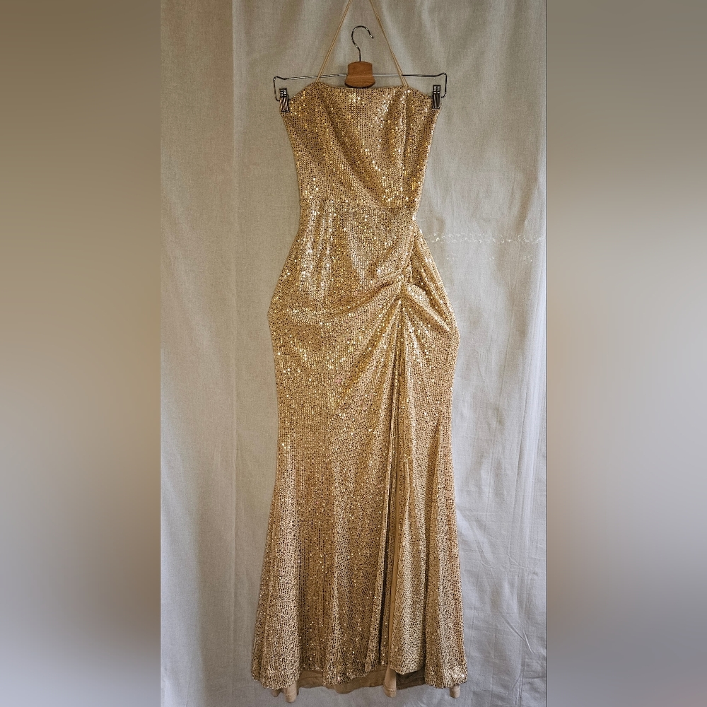 Maniju Gold sequin sparkle strappy high slit formal maxi dress size M